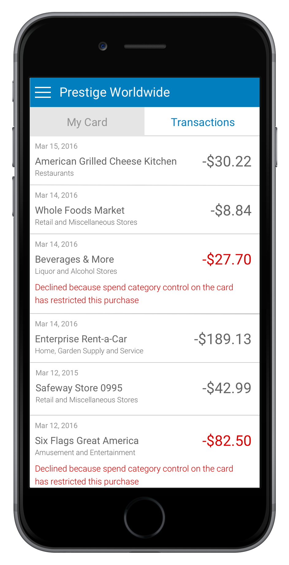 Bento mobile — the transaction feed, with declined purchases flagged inline with their reason